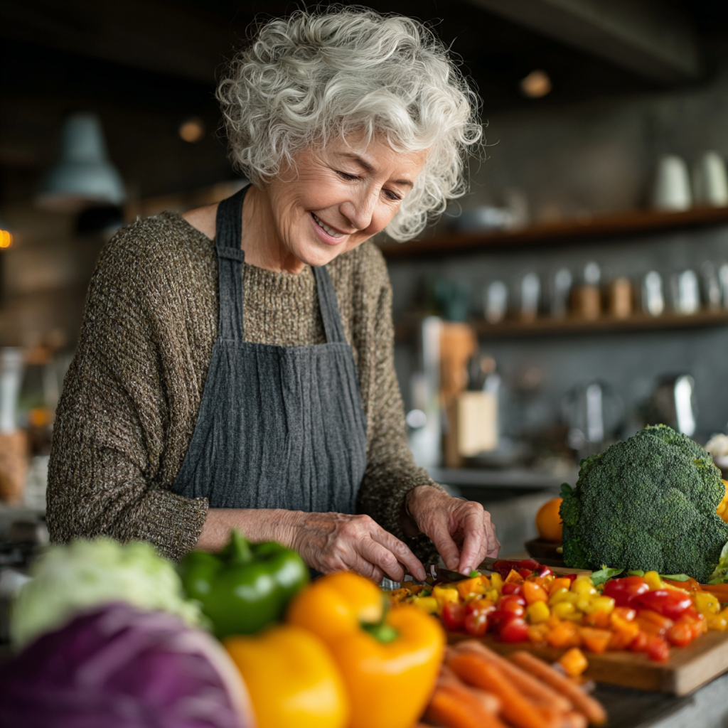 Femeie în vârstă de 55 de ani zâmbind în timp ce pregătește o salată colorată în bucătăria sa modernă, radiind energie și sănătate