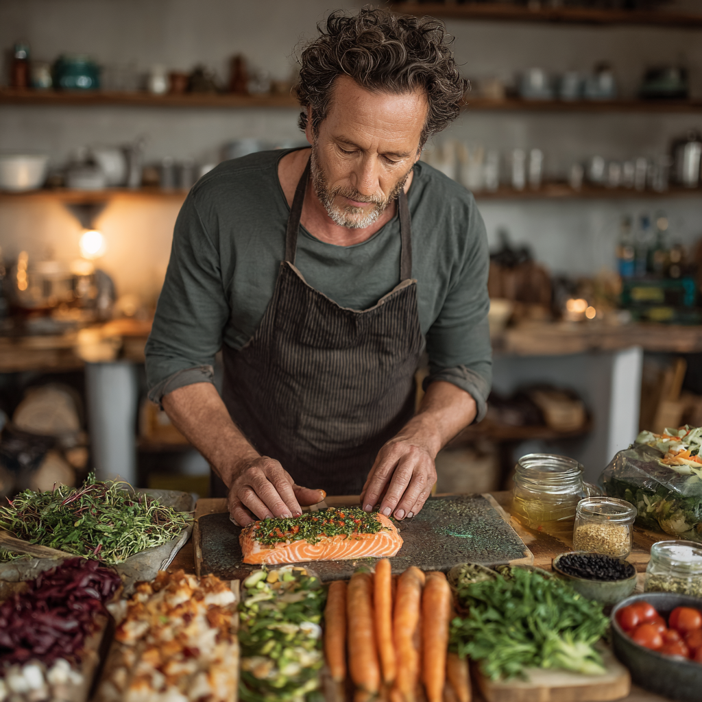 Bărbat în vârstă de 58 de ani în bucătărie, pregătind o masă sănătoasă conform planului nutrițional personalizat, cu ingrediente colorate dispuse organizat pe blat