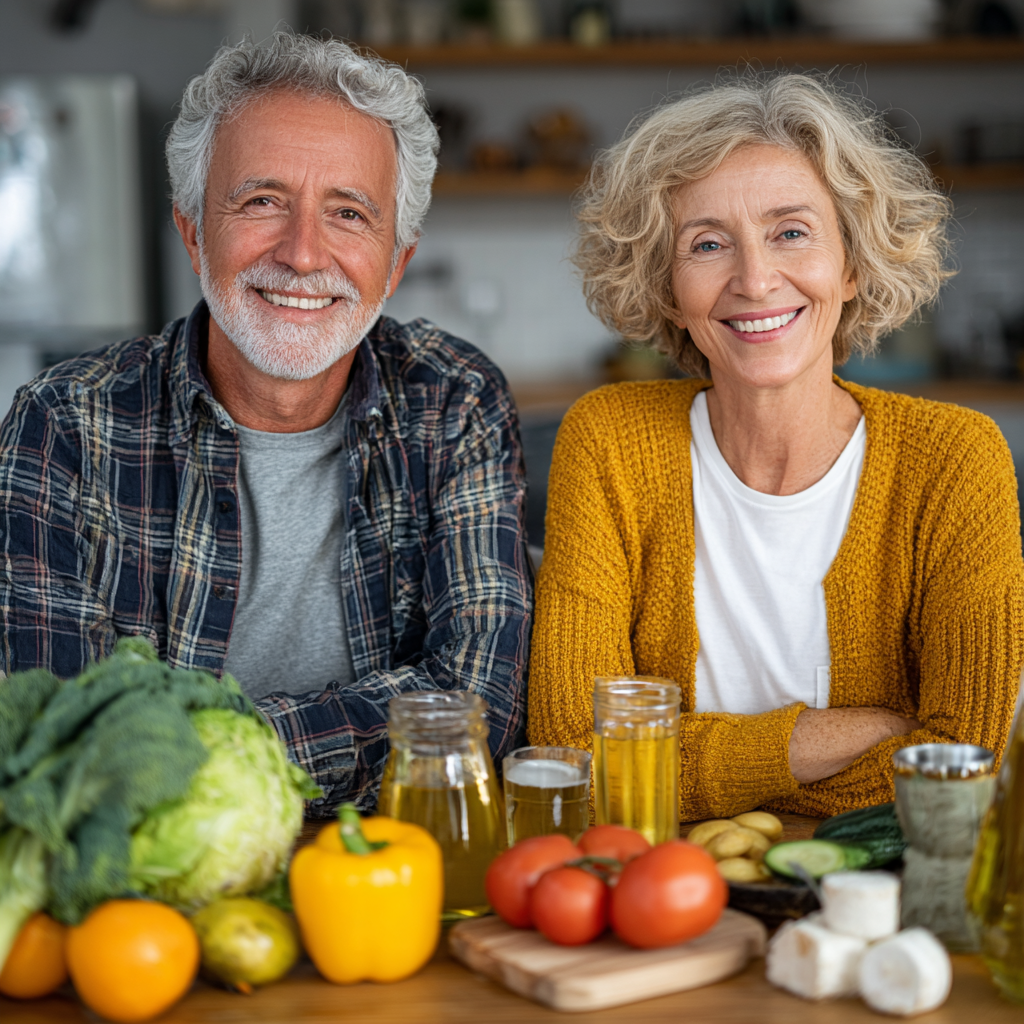 Cuplă în vârstă de aproximativ 52 și 56 de ani savurând împreună o masă sănătoasă la masa din bucătărie, zâmbind și arătând mulțumiți de alimentația lor echilibrată